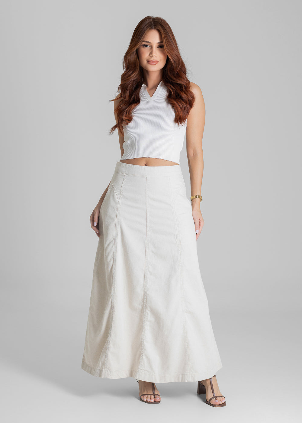 Saia Linho Sawary Midi - 280474 OFF WHITE - Saia Linho Midi Branco