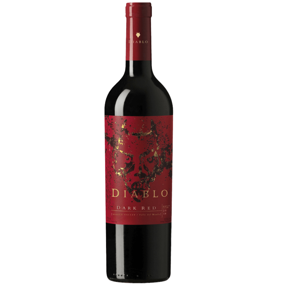 Garrafa de vinho tinto Diablo Dark Red, rótulo vermelho com detalhes dourados, ideal para apreciadores de vinhos premium