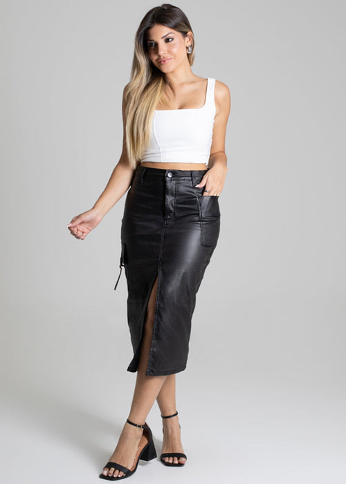 Saia Midi Resinada Sawary - 277126 PRETO - Saia Midi Resinada Preto