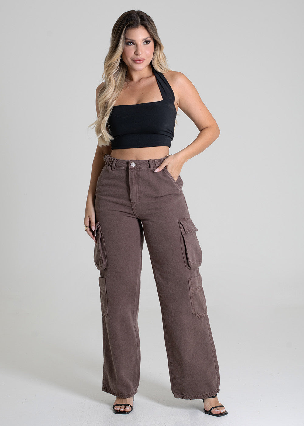 Calça Sarja Sawary Wide Leg Cargo - 279950 MARROM