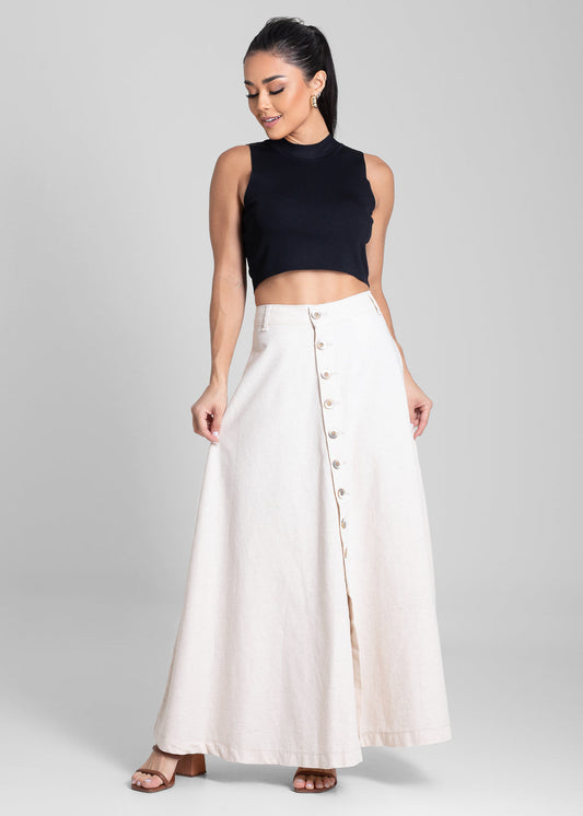 Saia Linho Sawary Midi - 281989 OFF WHITE - Saia Linho Midi Branco