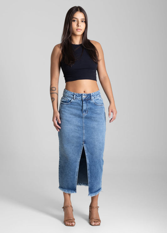 Saia Jeans Sawary Midi - 281991 AZUL - Saia Jeans Midi Azul Médio