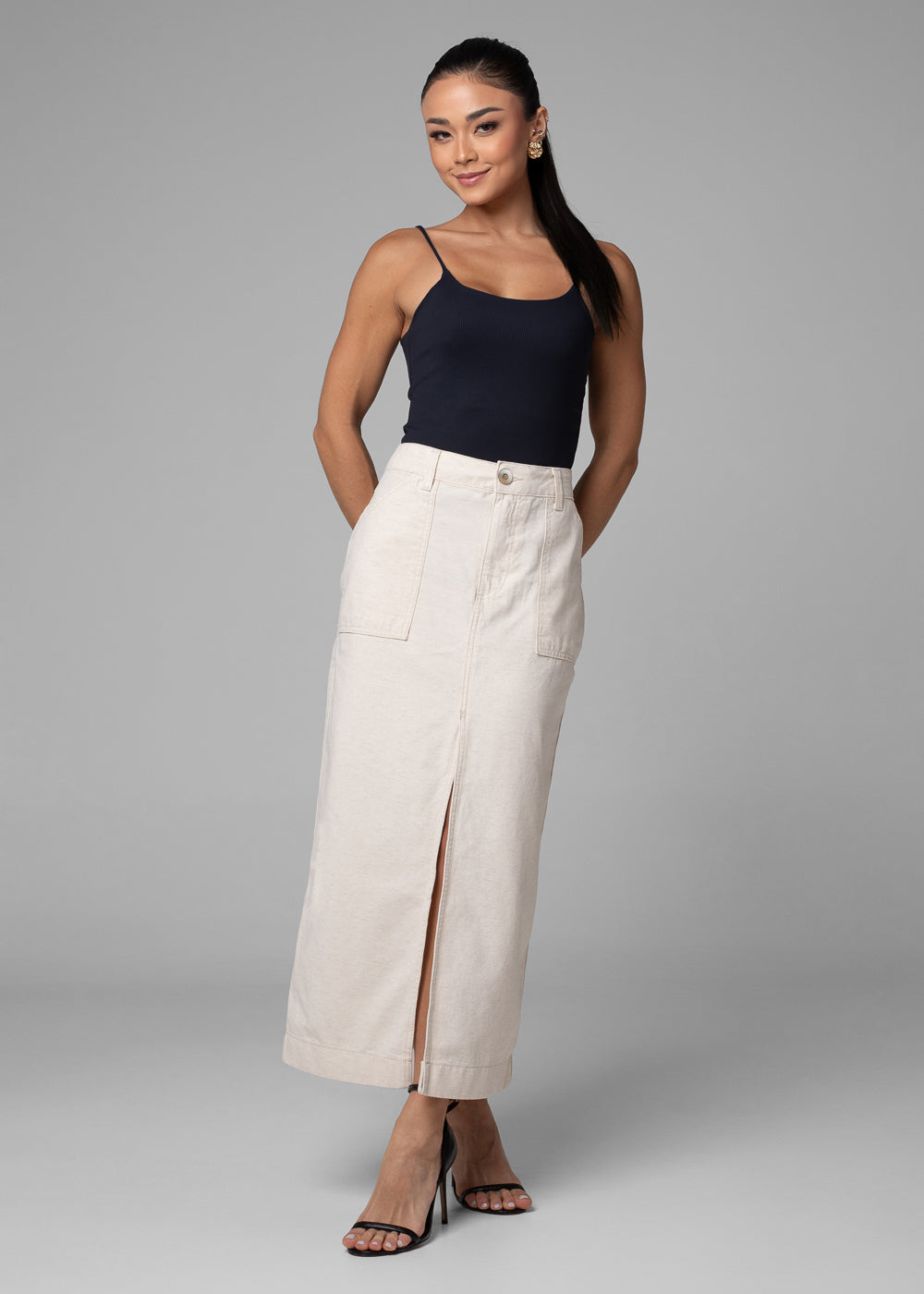 Saia Linho Sawary Midi - 282248 OFF WHITE - Saia Linho Midi Branco
