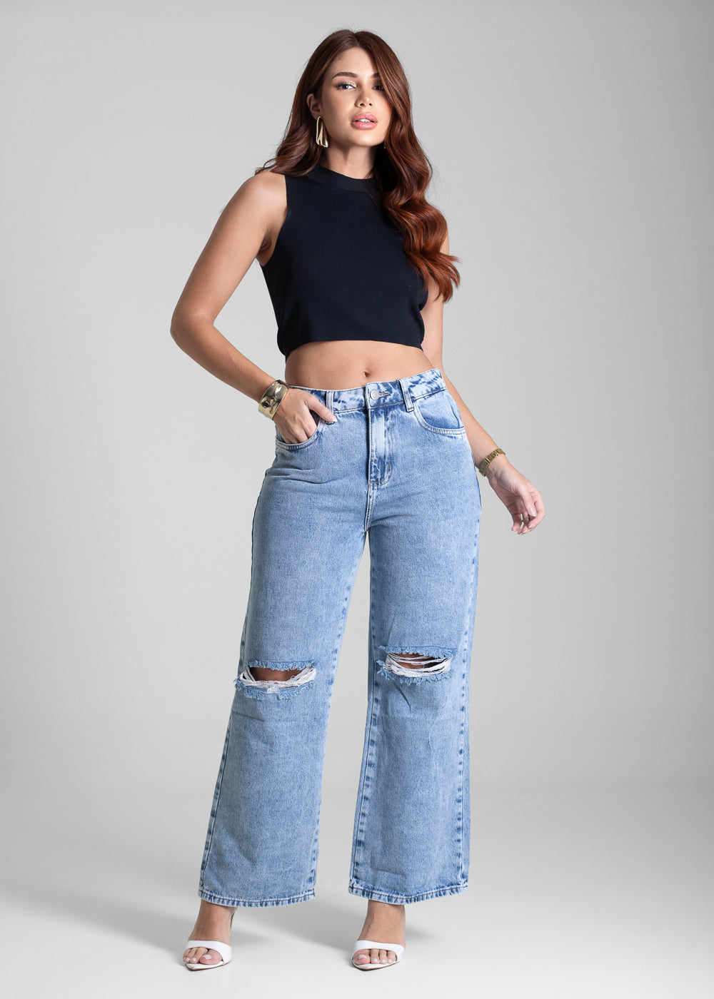 Calça Jeans Sawary Wide Leg Cropped - 282429 AZUL