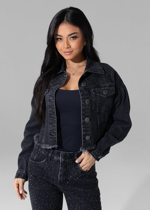 Jaqueta Jeans Sawary Brilho - 282603 PRETO - Jaqueta Jeans Brilho Preto