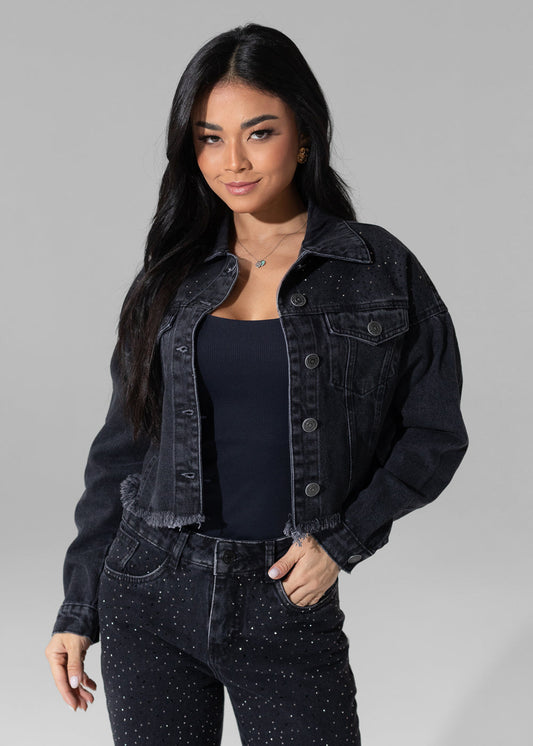 Jaqueta Jeans Sawary Brilho - 282603 PRETO - Jaqueta Jeans Brilho Preto