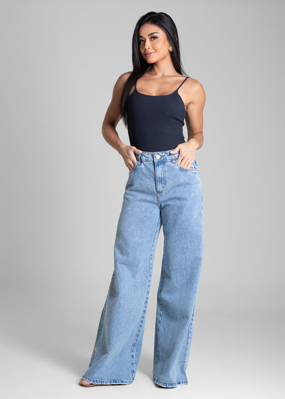 Calça Jeans Sawary Super Wide Leg Brilho - 282624 AZUL