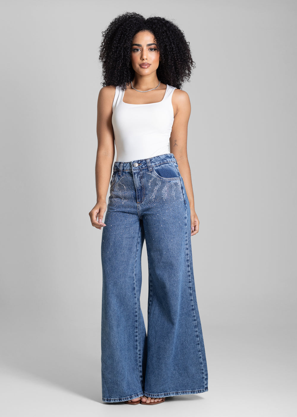 Calça Jeans Sawary Super Wide Leg Brilho  - 282902 AZUL