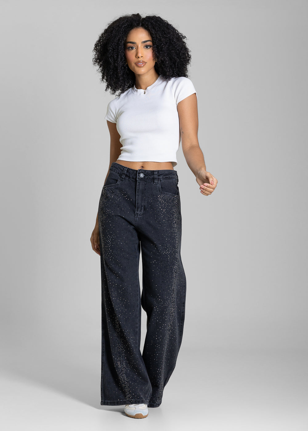 Calça Jeans Sawary Wide Leg Petit Brilho - 283317 PRETO
