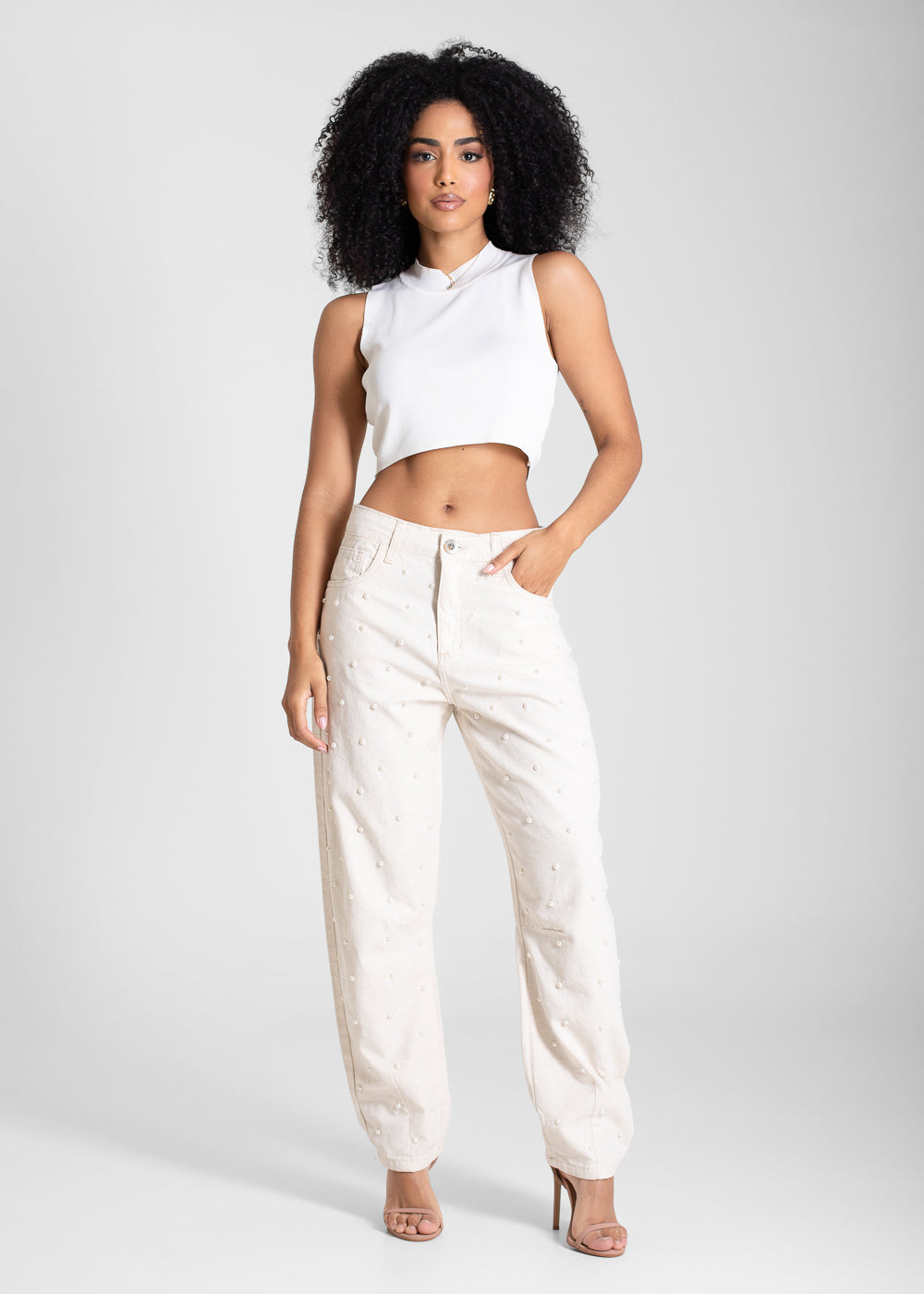 Calça Linho Sawary Barrel Aplicação Perolada - 283743 OFF WHITE