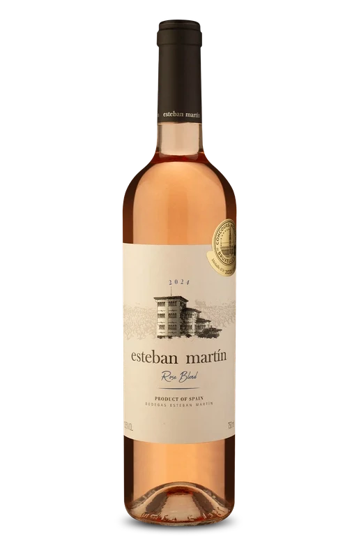 Garrafa de vinho rosé Esteban Martín 2024, produto da Espanha, rótulo com ilustração de vinícola
