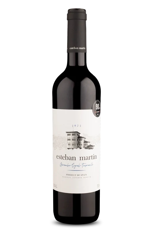Garrafa de vinho tinto Esteban Martín 2023, uvas Garnacha-Syrah-Tempranillo, Espanha