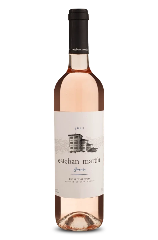 Garrafa de vinho rosé Esteban Martín 2023, produto da Espanha, rótulo elegante com ilustração de vinícola