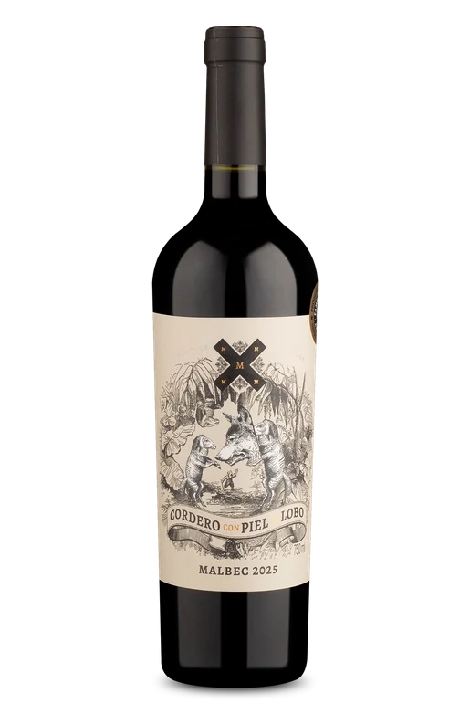 Garrafa de vinho Malbec 2025 Cordero con Piel Lobo, rótulo ilustrado com lobos e detalhes rústicos