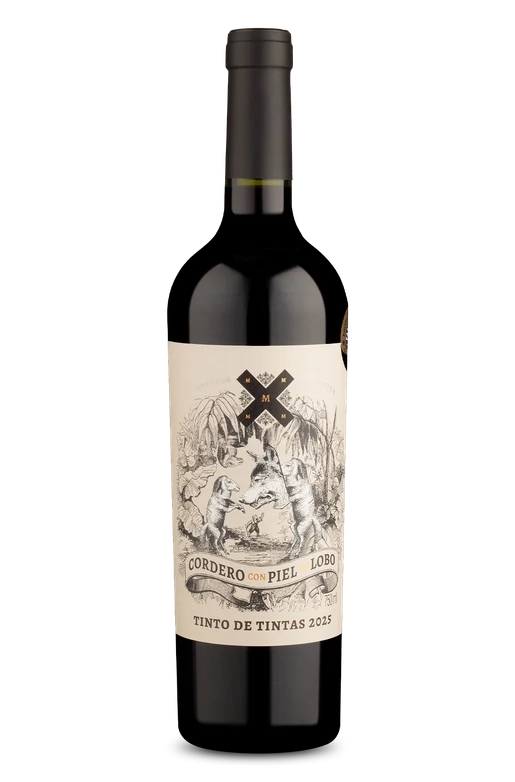 Garrafa de vinho tinto Cordero con Piel Lobo 2025, rótulo ilustrado com cães e lobo