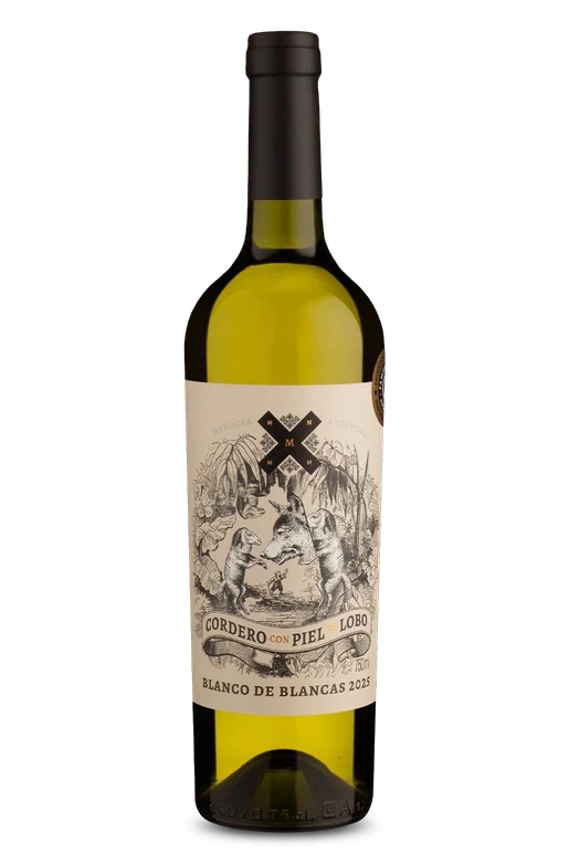 Garrafa de vinho branco Cordero con Piel Lobo, Blanco de Blancas 2025, rótulo ilustrado com lobos