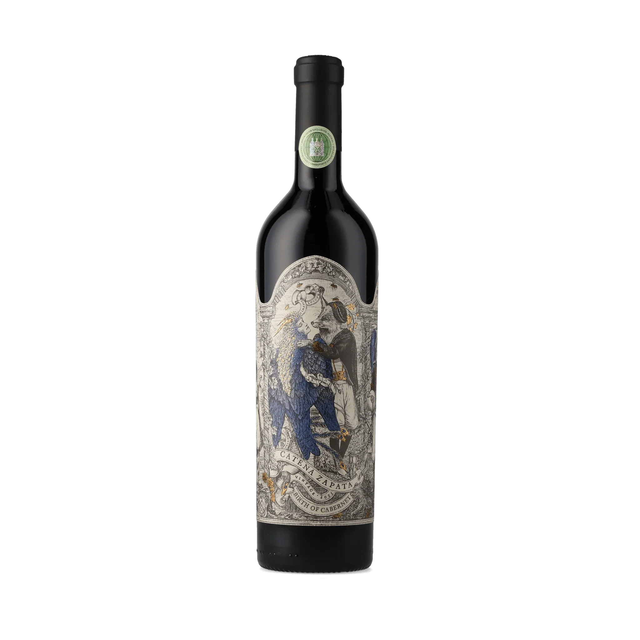 Garrafa de vinho Catena Zapata Birth of Cabernet, rótulo ilustrado com raposa e pássaro, vintage 2021