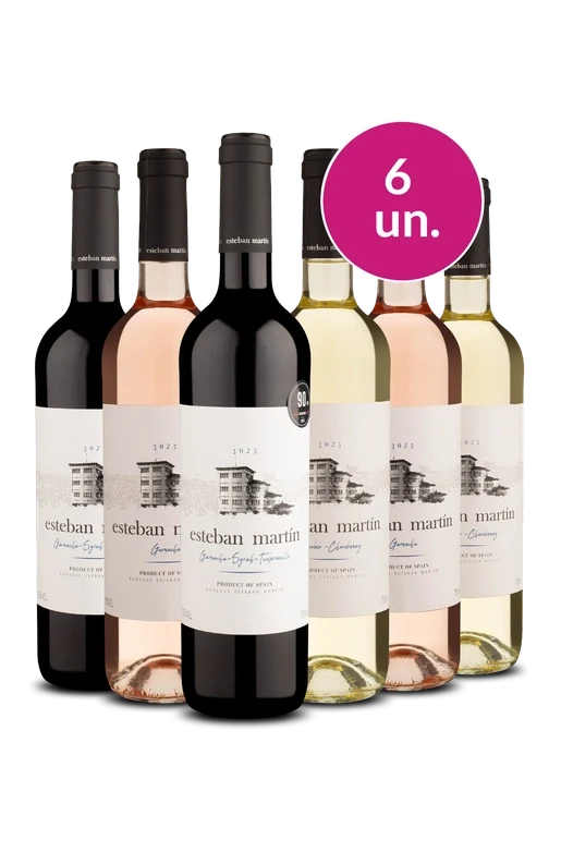 6 garrafas de vinho Esteban Martin, variedades tinto, rosé e branco, produto da Espanha