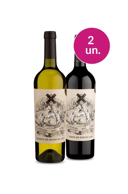 2 garrafas de vinho Cordero con Piel Lobo: branco e tinto, rótulo com ilustração de lobos