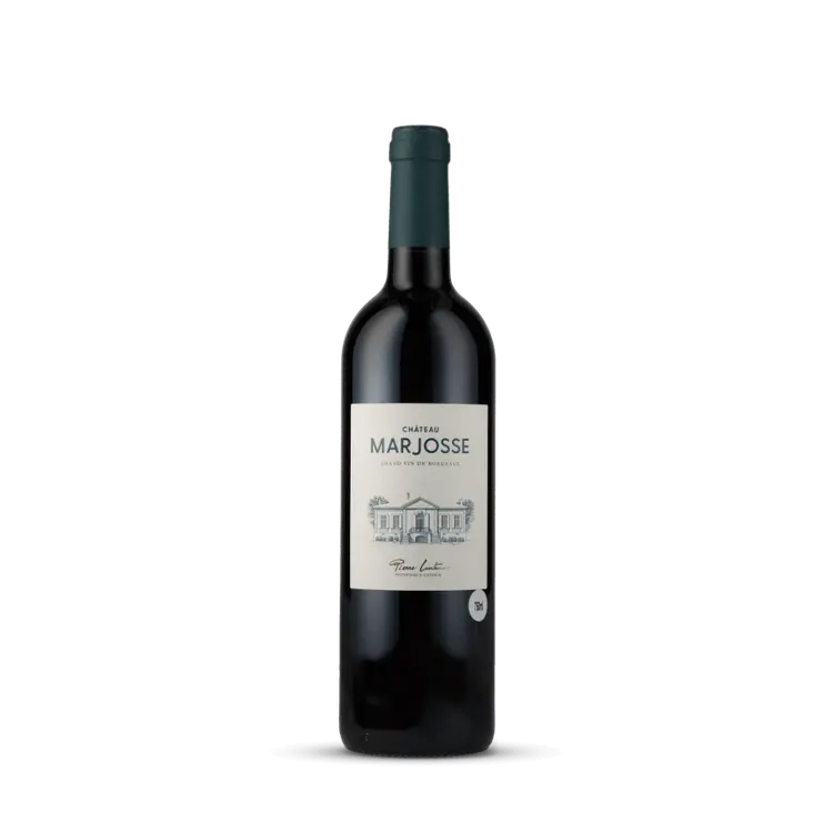 Garrafa de vinho tinto Château Marjosse, Grand Vin de Bordeaux, rótulo clássico com ilustração de château